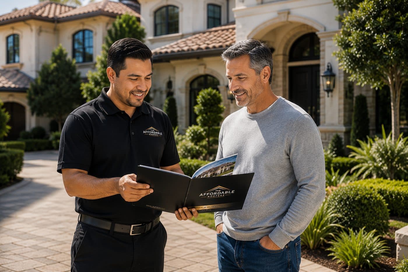 An Affordable Roofers representative reviewing roofing options with a homeowner